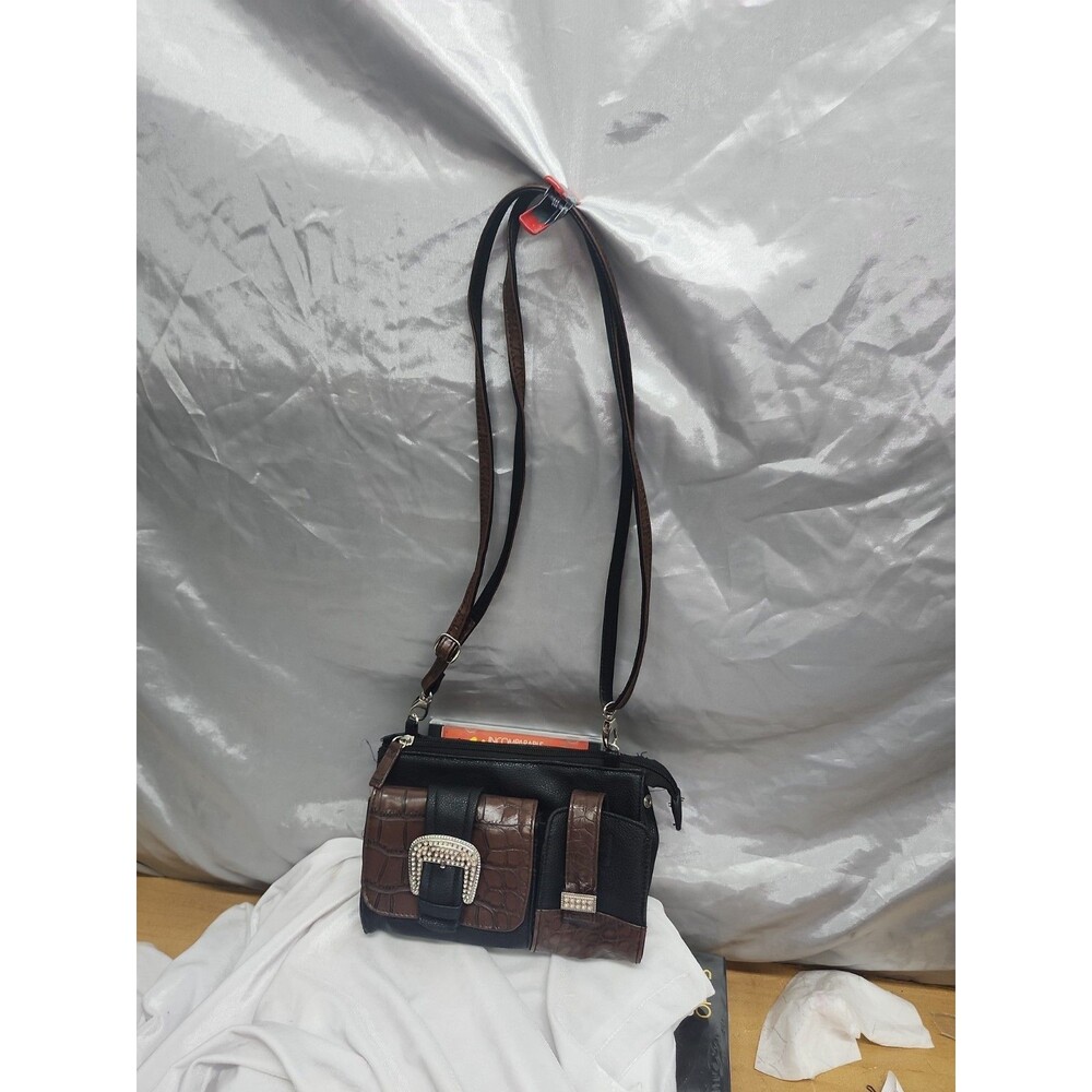 Braciano Faux Croc Crossbody Bag Black Brown with Buckle & Metal Bar Pockets
